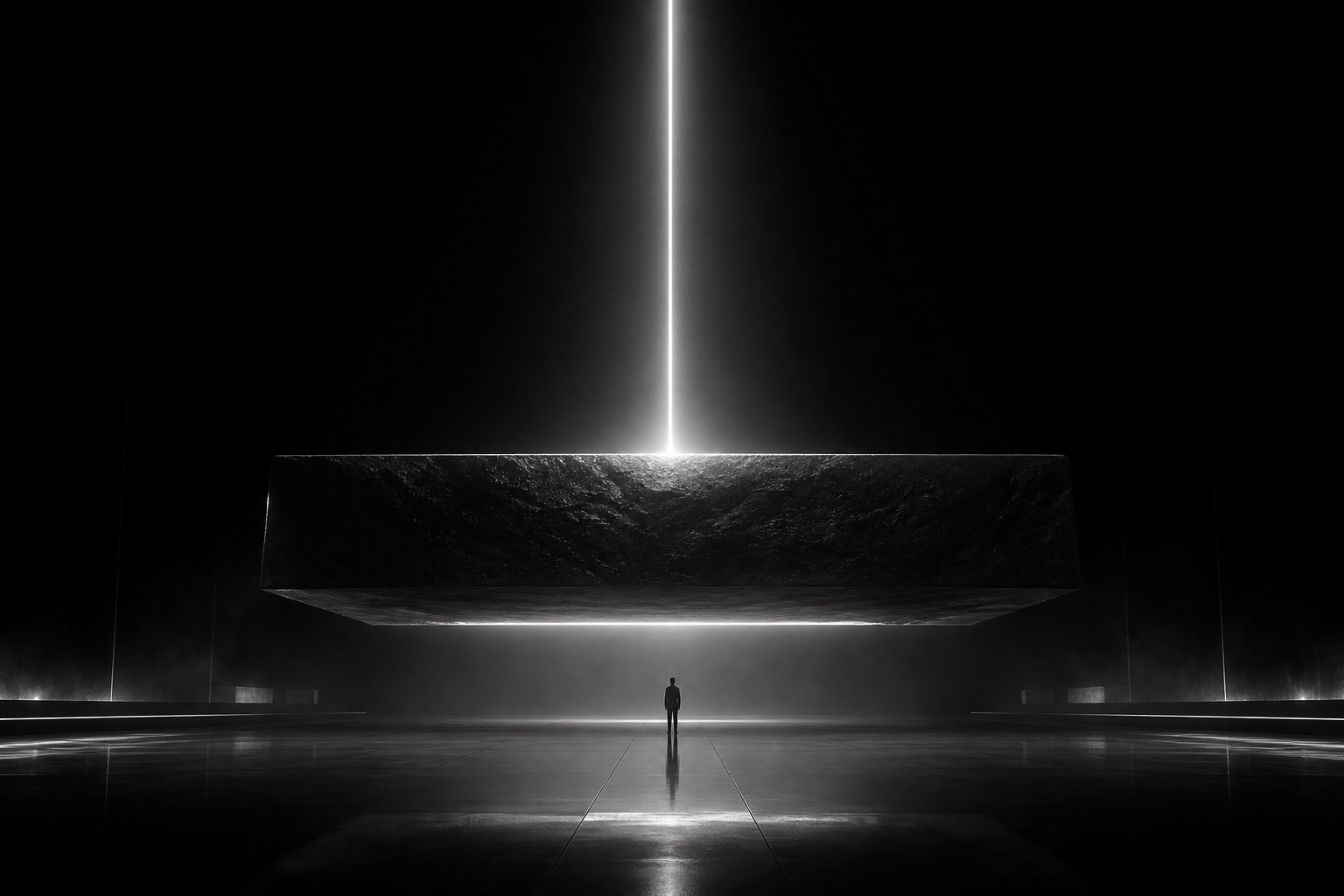 A dark hall with a monolithic slab floating above a reflective floor, lit by a single beam of light
