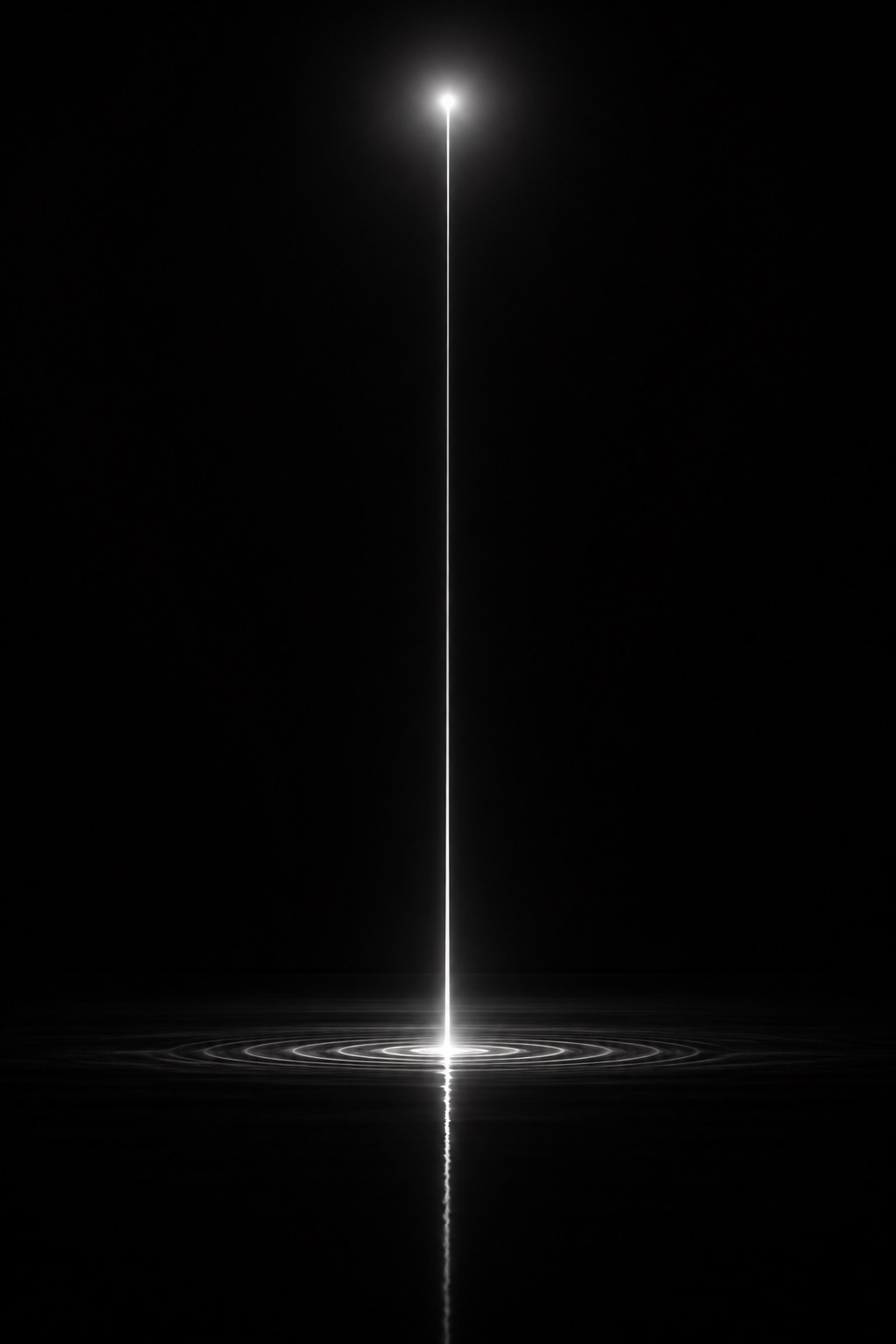 A single thread of light descending from a glowing point to a dark plane, touching the ground